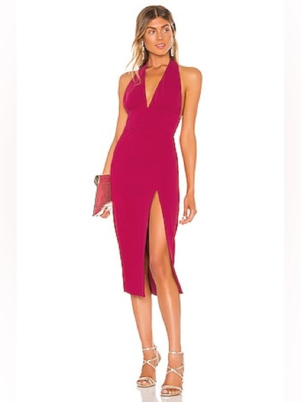 NWOT NBD Seamantha midi dress in raspberry pink, halter dress, backless, size S